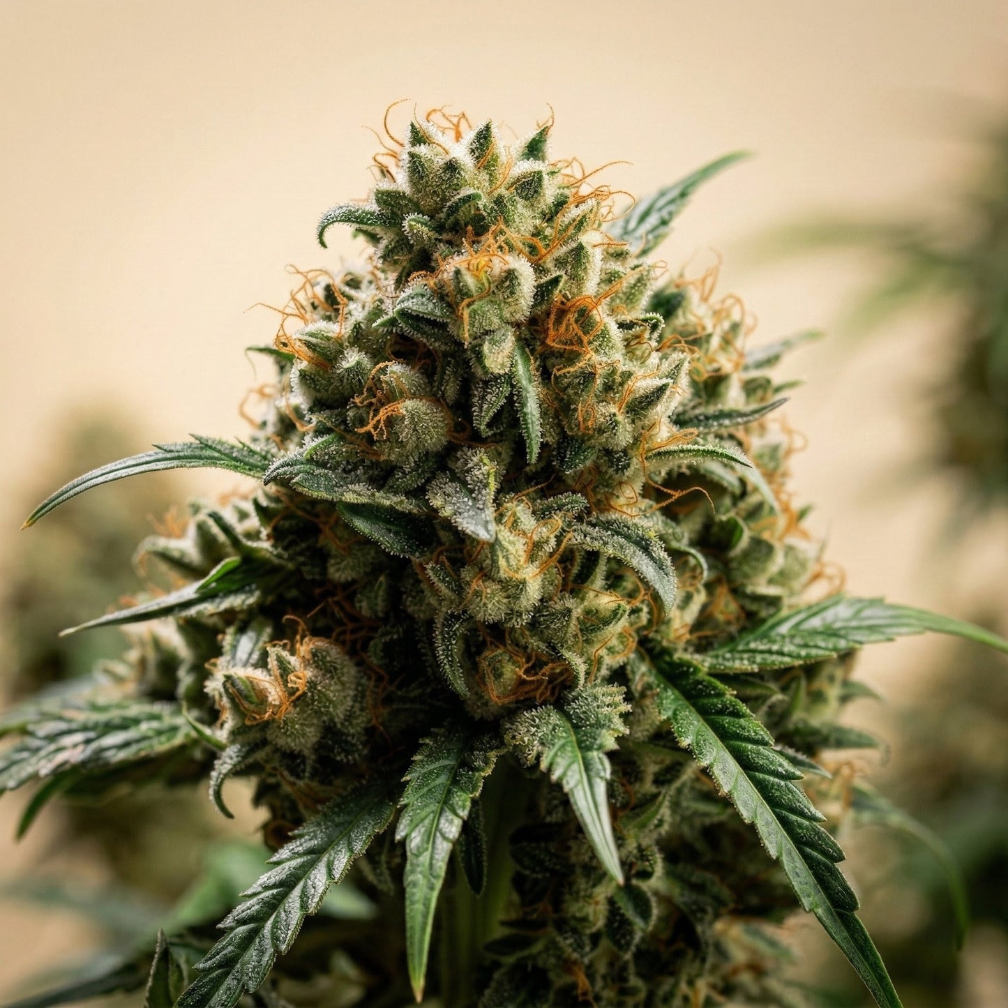 Close-up of jack Herer feminized cannabis plant bud with green leaves and orange stamens.