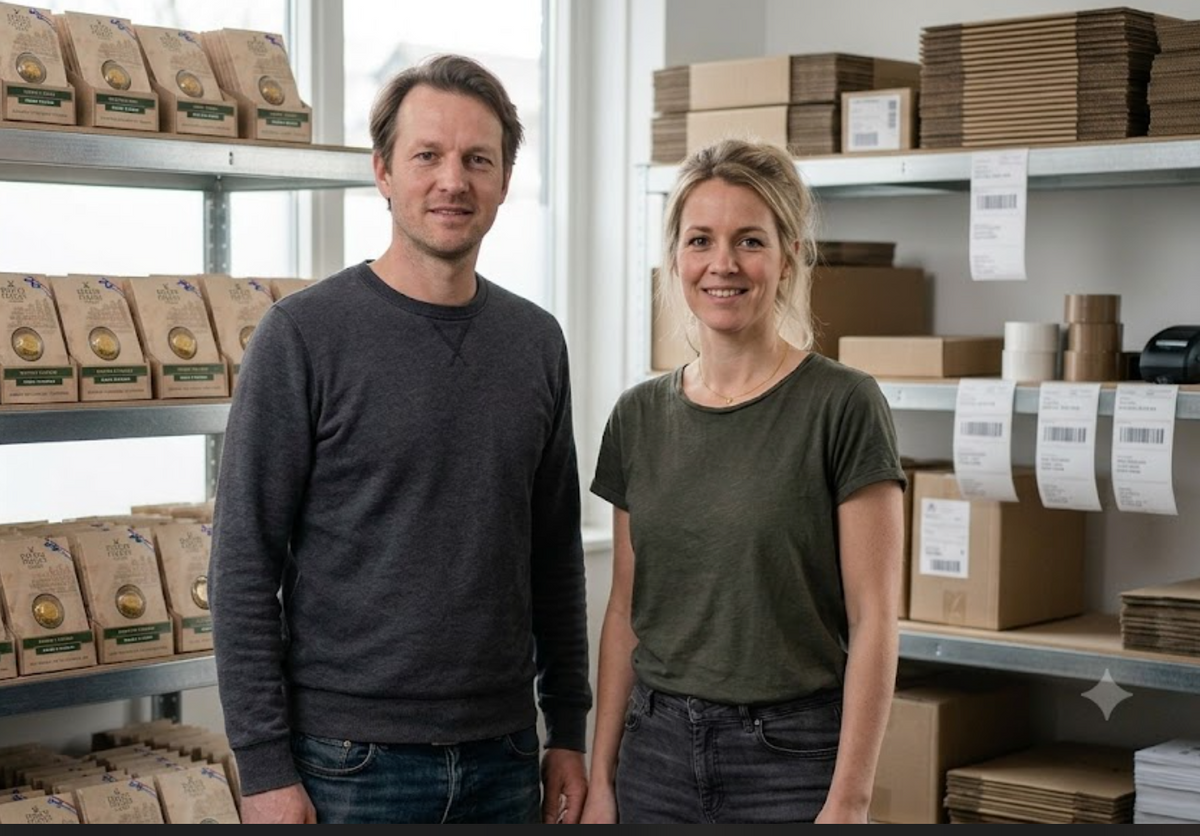 A man and a woman standing in a warehouse or packaging room with shelves of boxes and bags behind them.